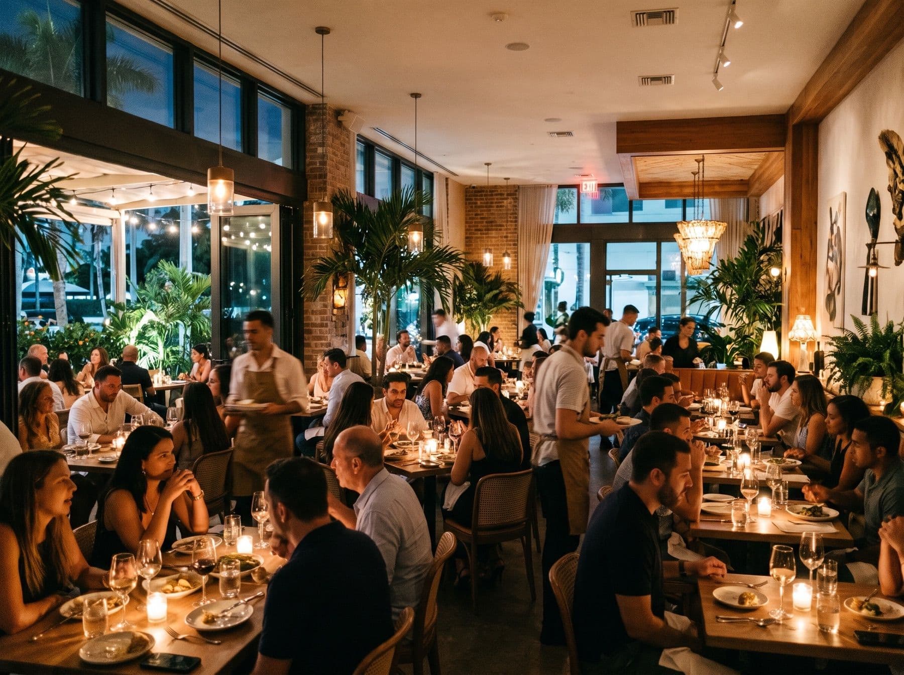 A full Miami restaurant at dinner service, with guests at candlelit tables, servers carrying plates, and palms by the open terrace