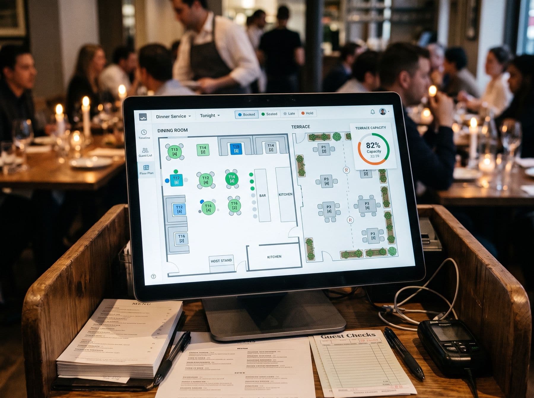 A screen at a restaurant host stand showing a floor plan of the dining room and terrace, with tables by seat count and a terrace capacity meter