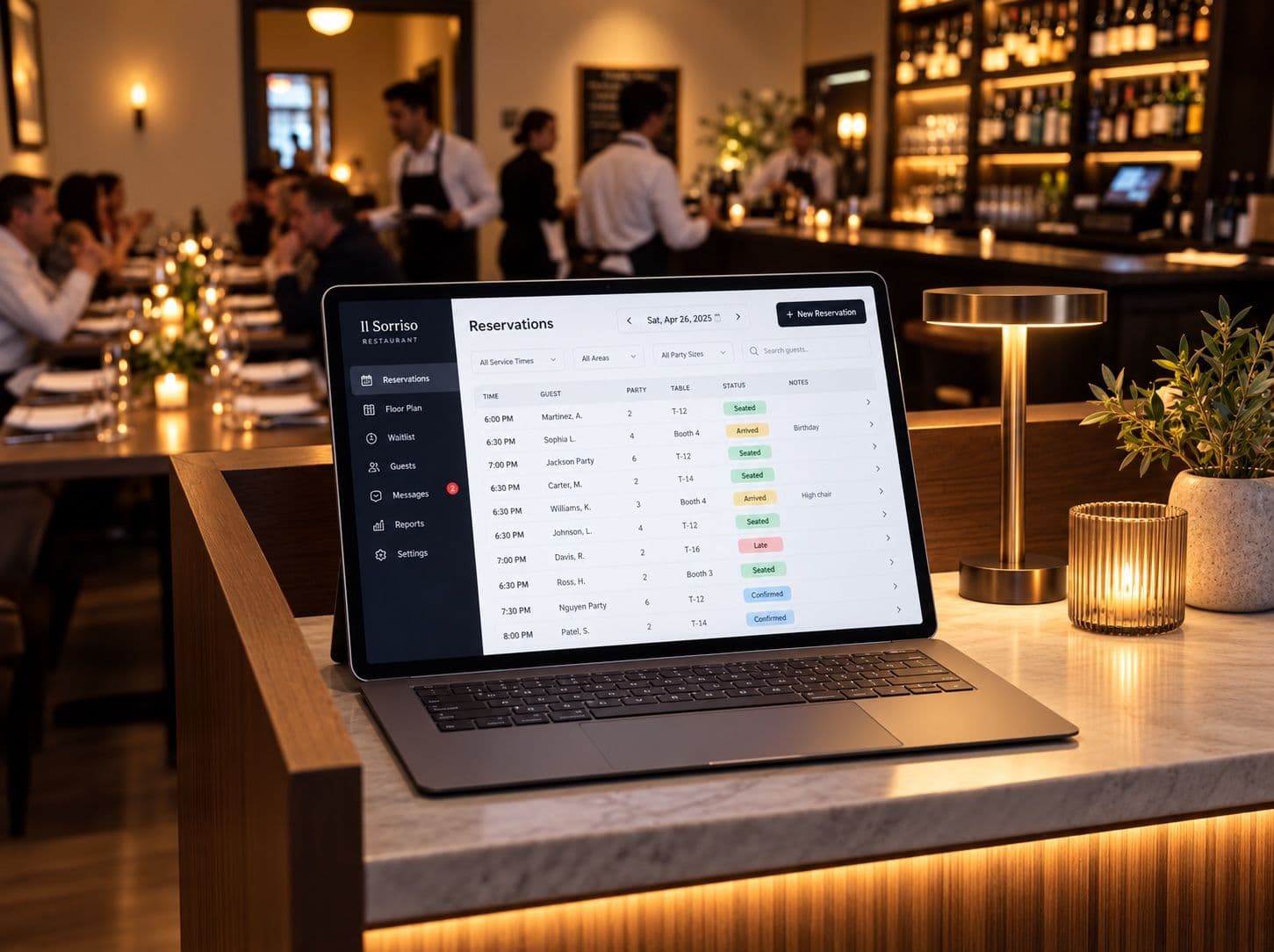 A laptop on a restaurant host stand showing tonight's reservations by time, party size, table, and status, with staff serving guests behind it